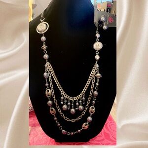 NEW PAPARAZZI Elegant Multi-Layered Gray Pearl Necklace with matching earrings